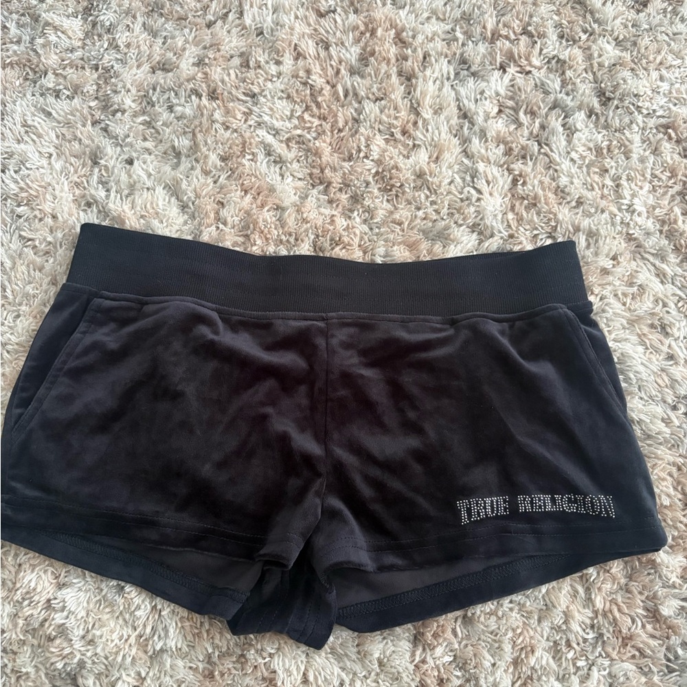 True Religion Black Velour Athletic Shorts with Red Rhinestone Lip - Picture 2 of 2